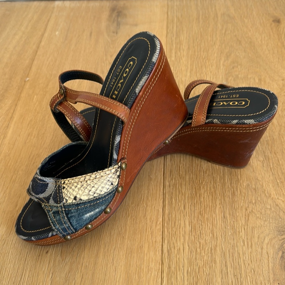Coach Lynda Distressed Denim Leather Wedge Sandals